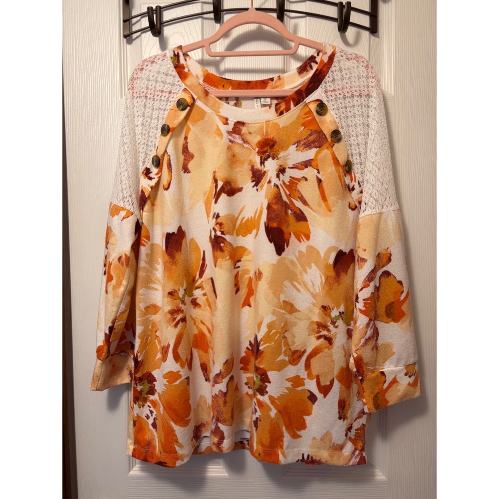 Cato Womens XL Floral Long Sleeve Top Orange Yellow Lace Shoulder Button Detail